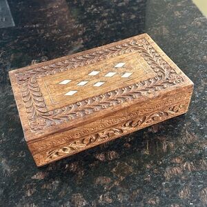 RARE Two Compartment Large VINTAGE Wood Carved Trinket Jewelry Box Made in India